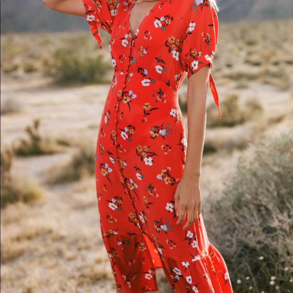 Anthropologie Red Floral MIDI button down dress